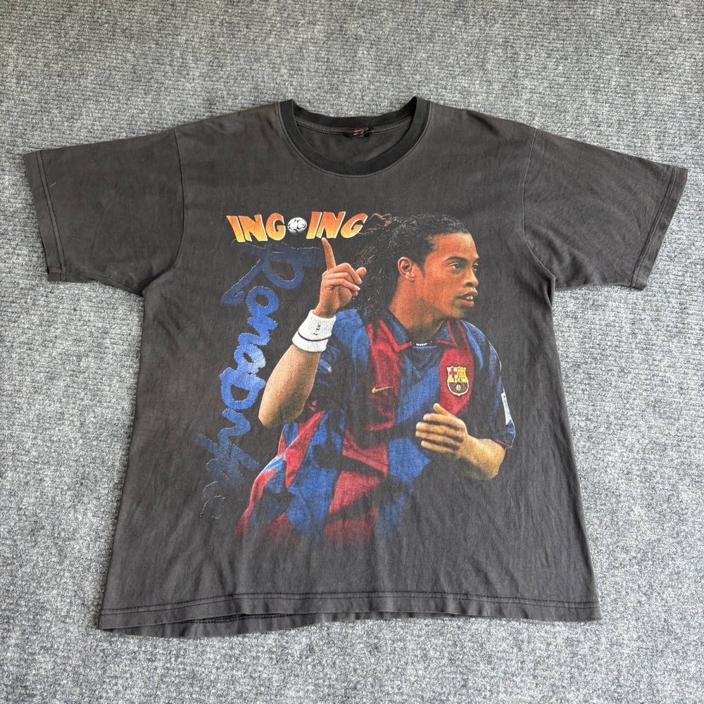 Gold Paddy Ronaldinho FC Barcelona Graphic T-Shirt Faded Black Mens XL